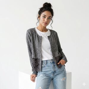 MURMUR Fleece & Floral Eyelet Long Sleeve Open-Front Mod Romantic Cardigan S M